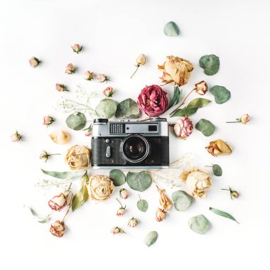 retro Vintage fotoğraf makinesi, bej gül ve yeşil yaprakları