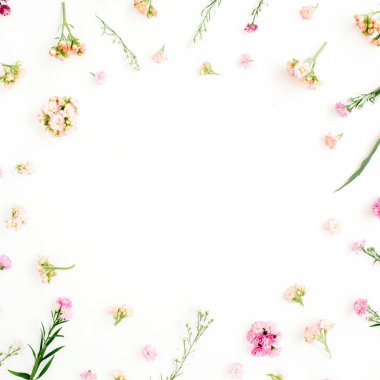 Çerçeve ile pembe ve bej kır çiçekleri yeşil yaprakları, dalları