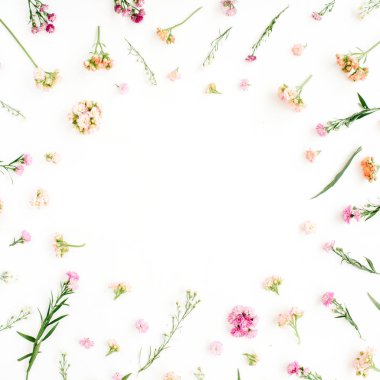 Çerçeve ile pembe ve bej kır çiçekleri yeşil yaprakları, dalları