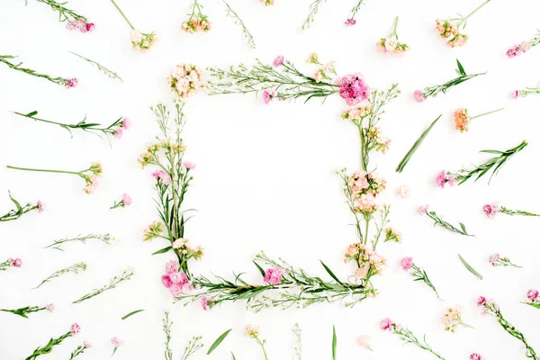 Moldura de grinalda feita de flores silvestres rosa e bege, folhas verdes, ramos — Fotografia de Stock