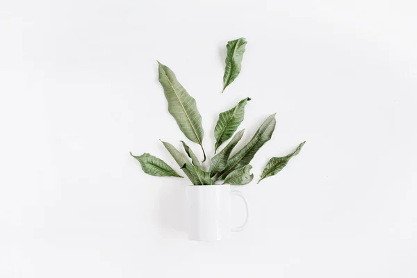 Yeşil yaprakları ve beyaz kupa boş şablon — Stok fotoğraf