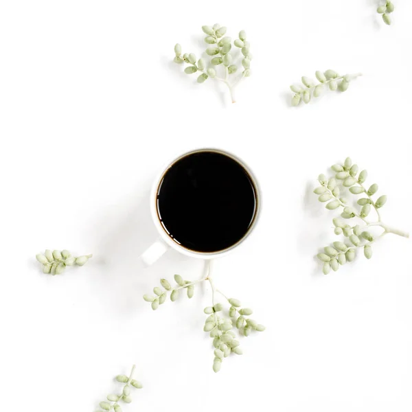 Xícara de café e ramos verdes — Fotografia de Stock