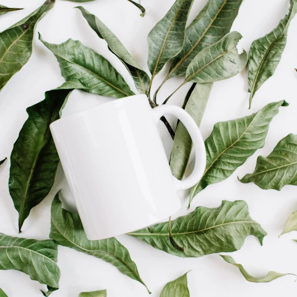 Modelo em branco de caneca branca e folhas verdes — Fotografia de Stock