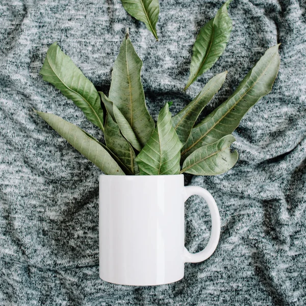 Yeşil yaprakları ve beyaz kupa boş şablon — Stok fotoğraf