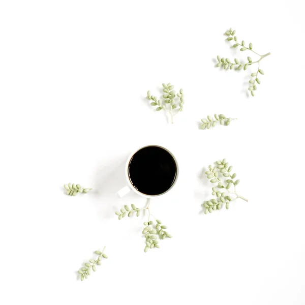 Taza de café y ramas verdes — Foto de Stock