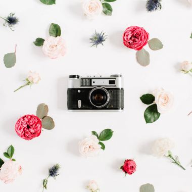 Retro Vintage fotoğraf makinesi, kırmızı ve bej çiçek tomurcukları gül