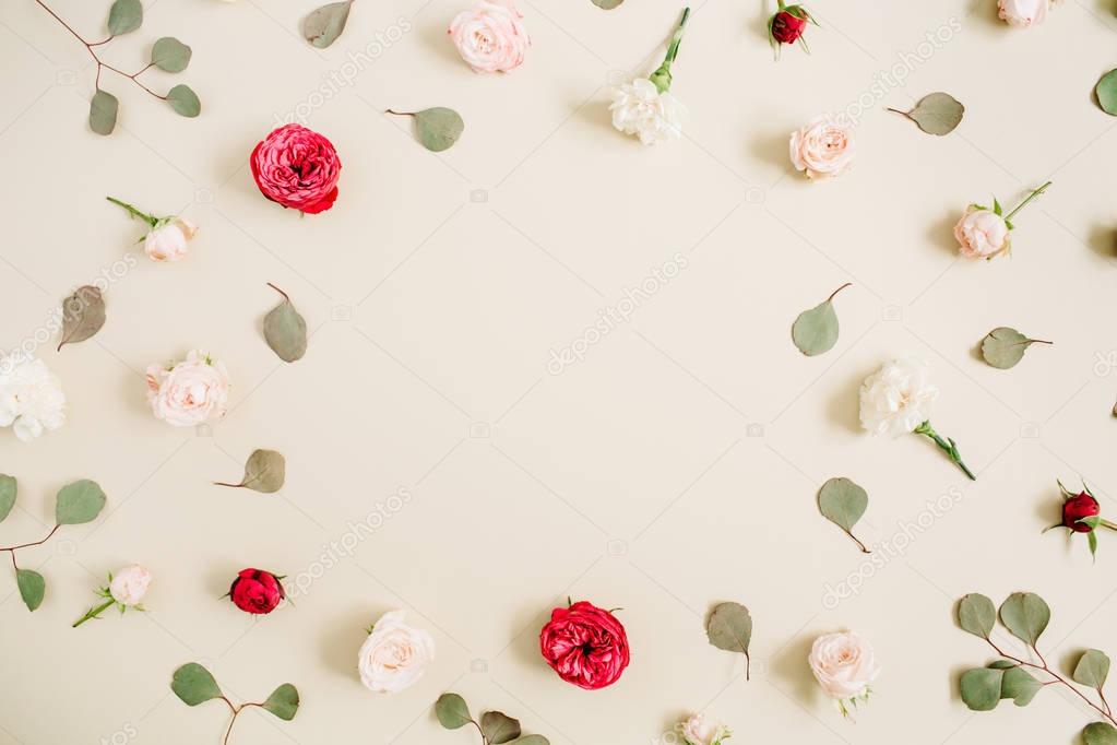 beige and red roses, eucalyptus leaves