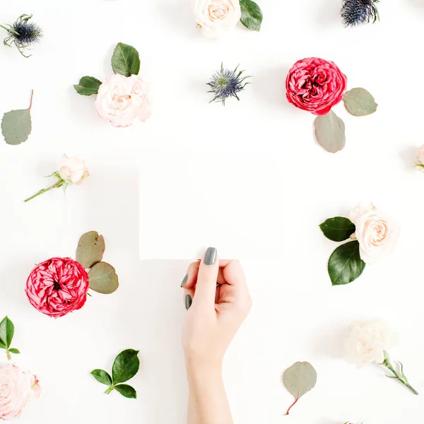 Girl's hands holding paper blank on floral frame — Stock Photo, Image