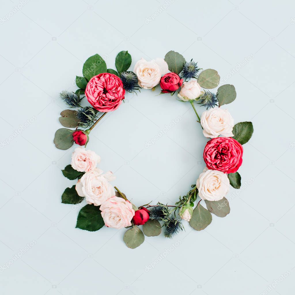 Flower frame wreath made of beige and red roses