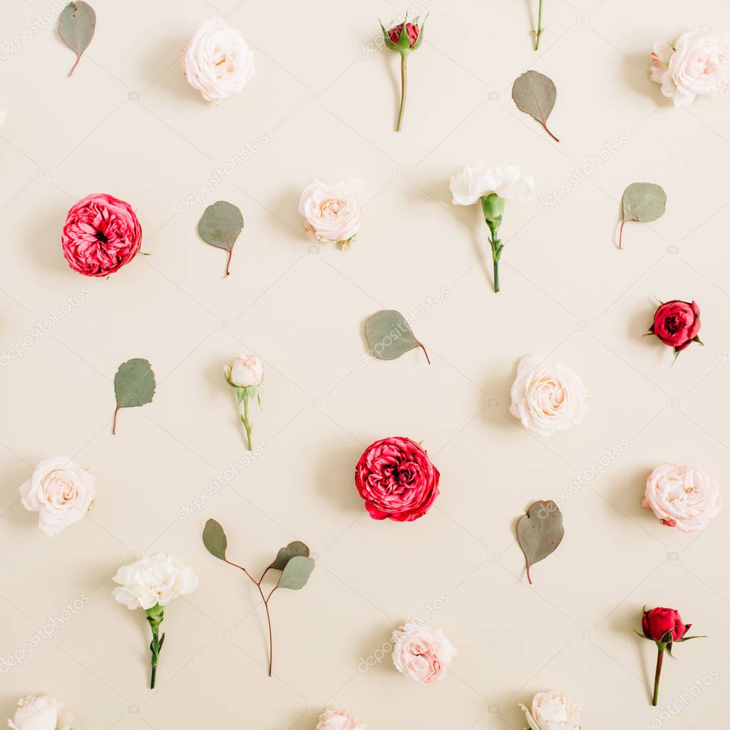 Flowers pattern made of beige and red roses