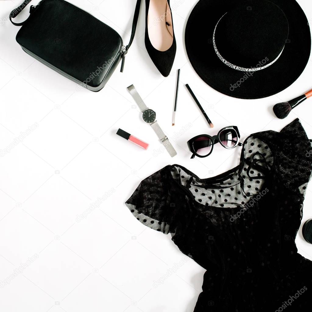 Trendy fashion black styled woman clothes and accessories 