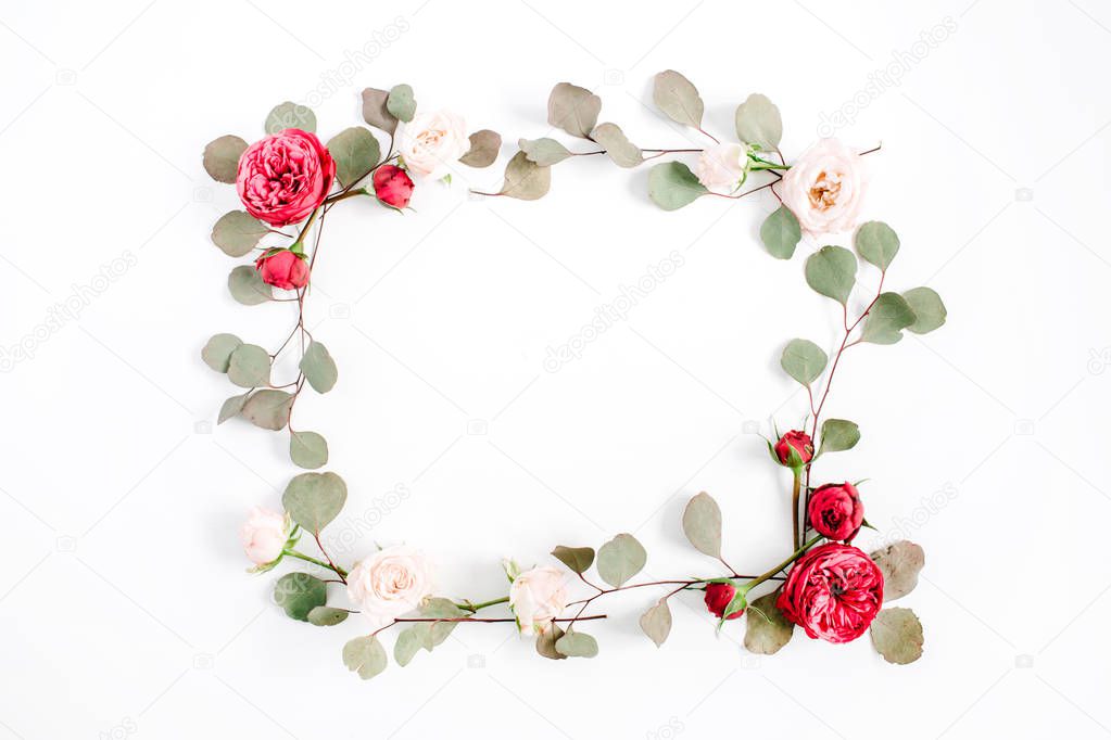 Flower frame wreath made of beige and red roses