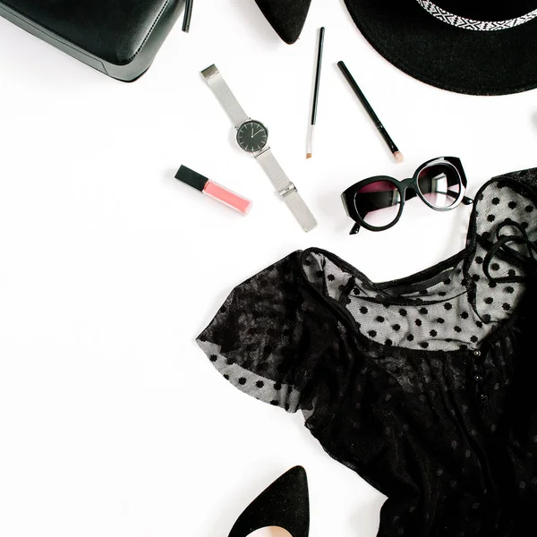 Модна мода чорний стиль жіночий одяг та аксесуари — стокове фото