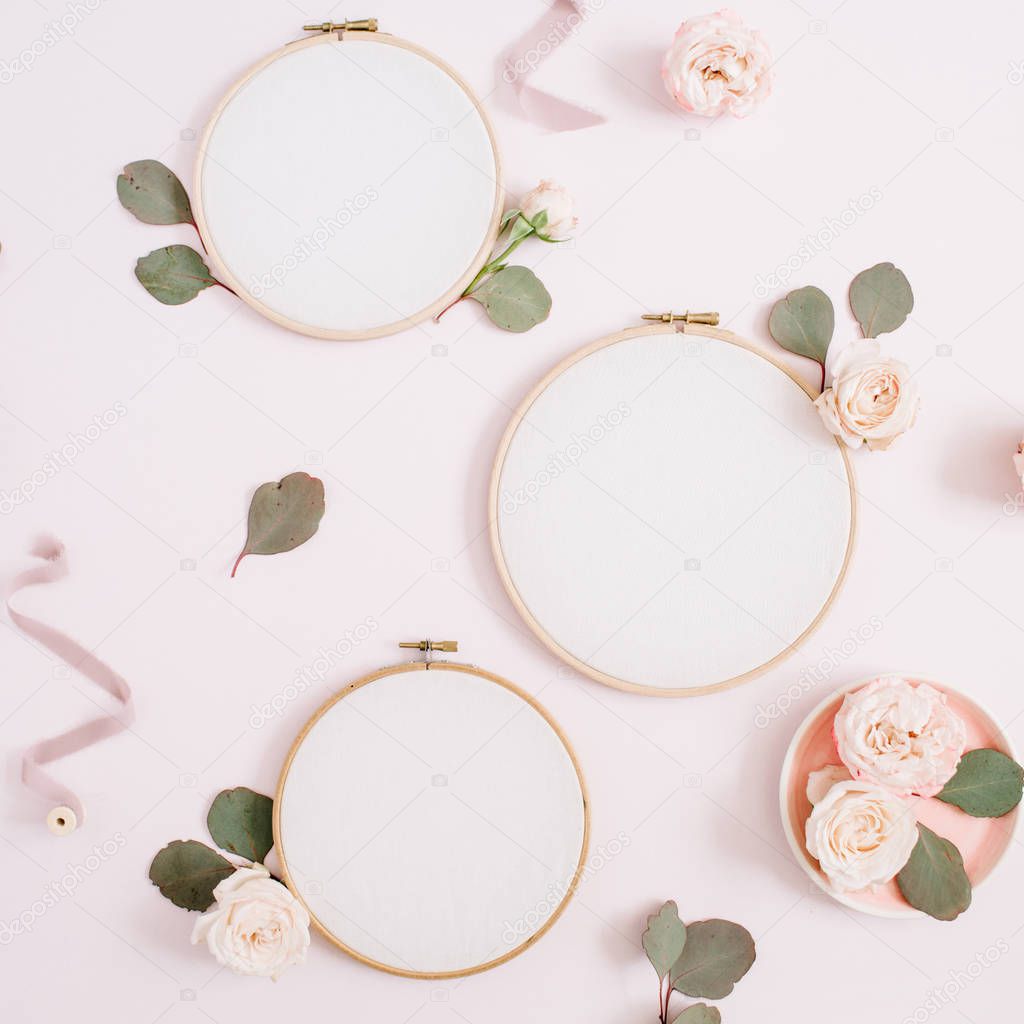  frames with beige rose flower buds and eucalyptus 