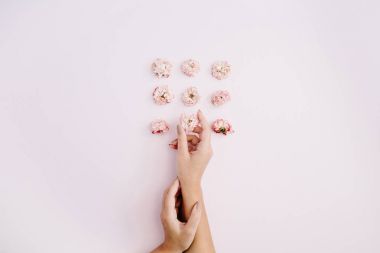 Kızın elini tutarak pembe kuru gül tomurcukları