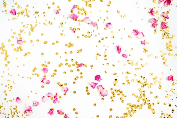 Színes minta rózsaszín rózsaszirom és arany konfetti — Stock Fotó