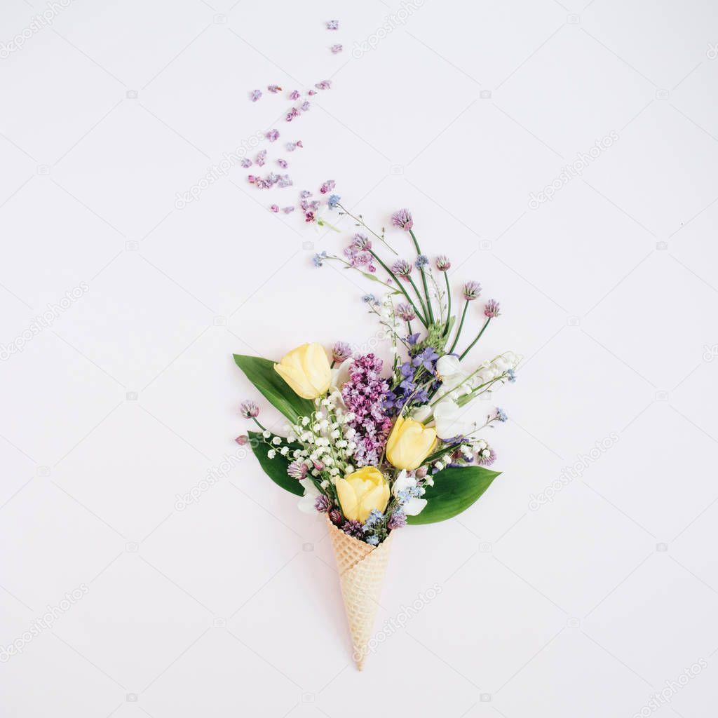 Waffle cone with flowers bouquet