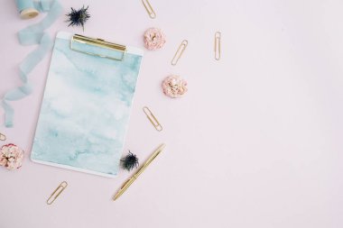 Pano, gül tomurcukları, blue ribbon, altın kalem ve Klipler