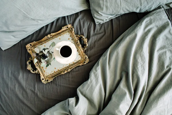 Morning coffee on golden vintage tray — Stock Photo, Image