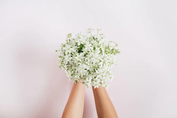 A lány kezét gazdaság csokor fehér vadvirágok — Stock Fotó