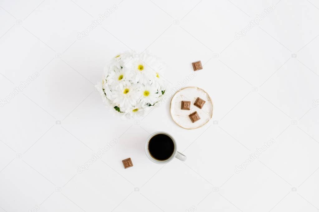 Morning breakfast with coffee cup and chocolate