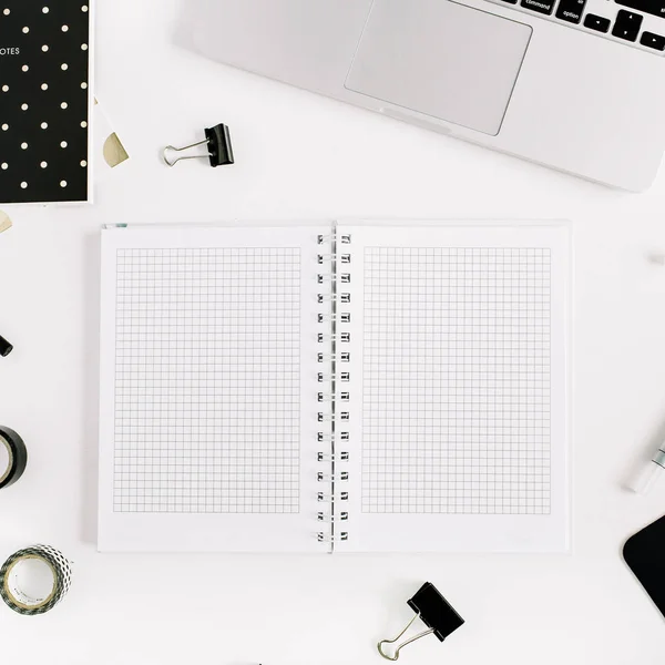 Creative workspace with laptop, copy space notebook on white background — Stock Photo, Image