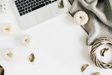 Düz yatıyordu ev ofis büro. Dizüstü, beyaz pumpkins, pamuk dalları, gri kareli ve çelenk çerçeve ile çalışma alanı. Ana sayfa görünümü sonbahar ya da kış kompozisyon.