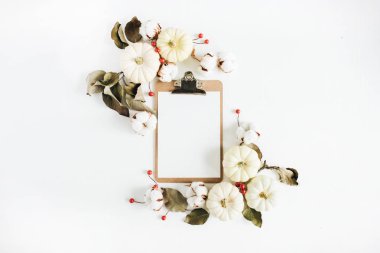 Pano ve beyaz arka plan üzerinde beyaz kabaklar çerçeve. Düz yatıyordu, en iyi görünümü 