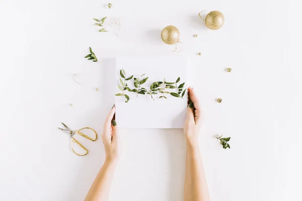 Woman Hands Holding White Gift Box Christmas Baubles Flat Lay — Stock Photo, Image