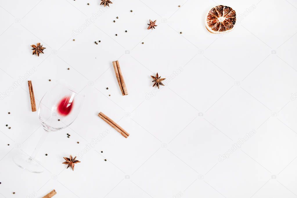 Mulled wine ingredients on white background. Flat lay, top view Christmas or New Year holiday concept.