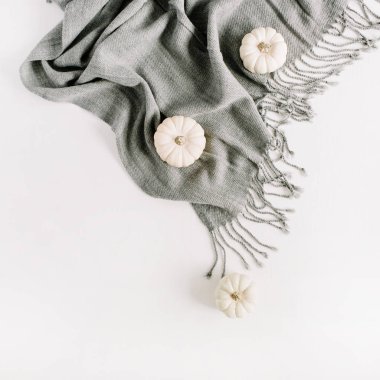 Gri şal üzerinde beyaz balkabağı. Üstten Görünüm, düz yatıyordu sonbahar ya da kış en az kavramı.