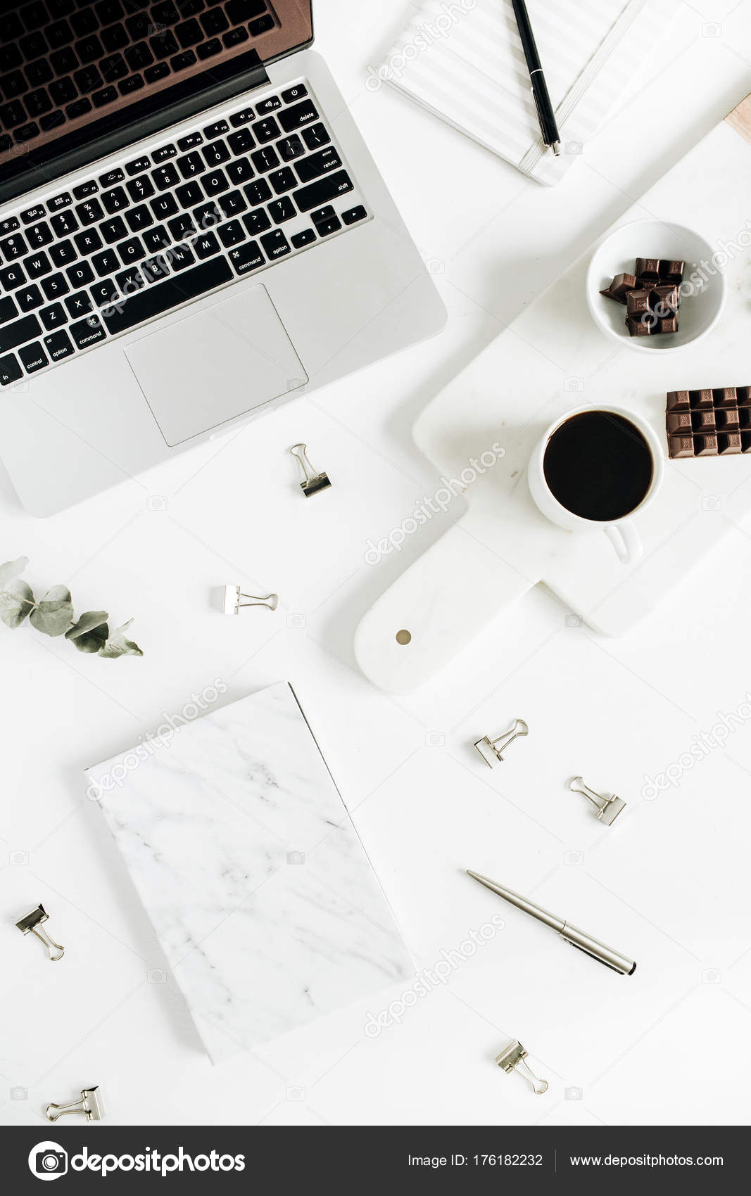 Women Office Desk Laptop Coffee Chocolate Marble Notebook Flat Lay