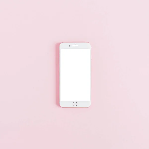 Smartphone Pantalla Blanco Rosa Flat Lay Maqueta Con Espacio Copia —  Fotos de Stock