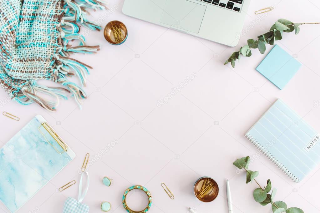 Workspace frame of laptop, plaid, clipboard, accessories on pin. Flat lay, top view women business concept.