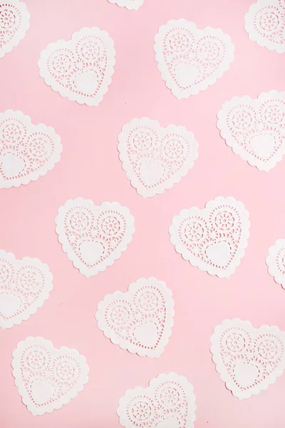 Alla Hjärtans Dag Sammansättning Hjärtat Symboler Blek Rosa Bakgrund Platt — Stockfoto