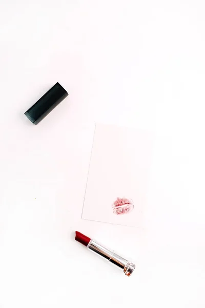 Форма Жіночого Поцілунку Папері Порожня Червона Помада Стиль Життя Плоский — стокове фото