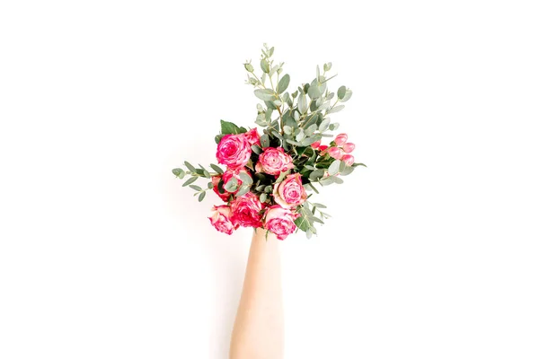 Планшет Жіночої Руки Тримає Трояндові Квіти Евкаліптовий Букет Білому Тлі — стокове фото
