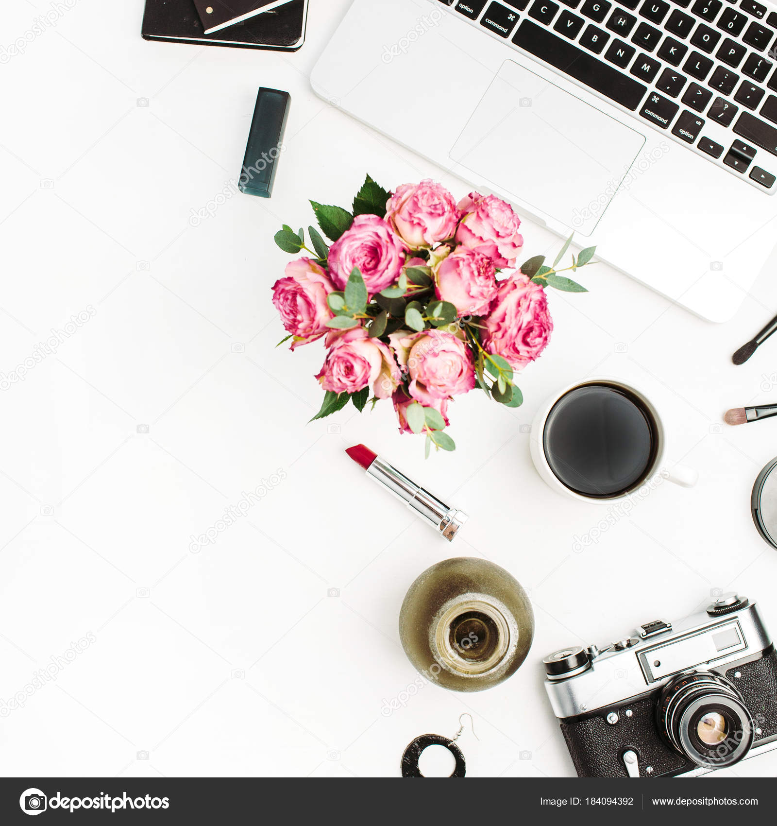 Woman Fashion Home Office Desk Workspace Laptop Rose Flowers