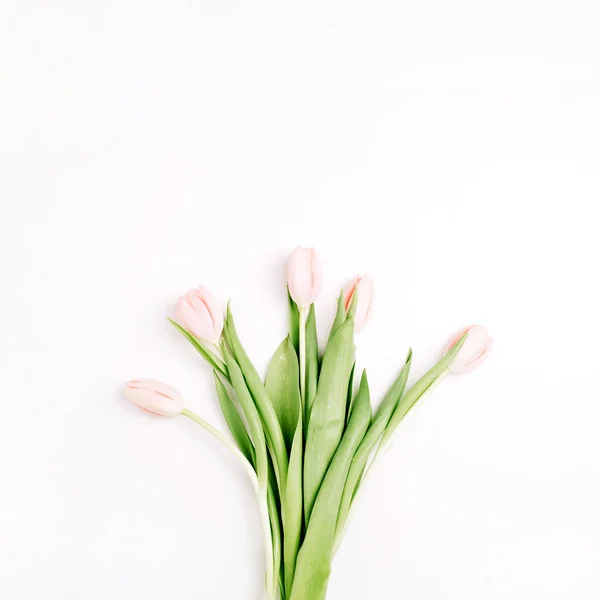 Pastell Rosa Tulpan Blommor Bukett Isolerad Vit Bakgrund Platt Lekmanna — Stockfoto