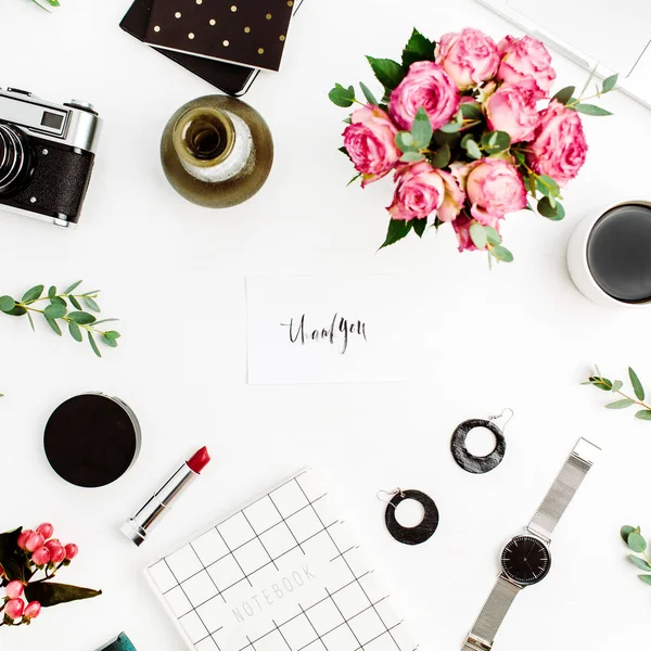 Woorden Dank Geschreven Met Kalligrafie Kader Van Vrouw Mode Accessoires — Stockfoto