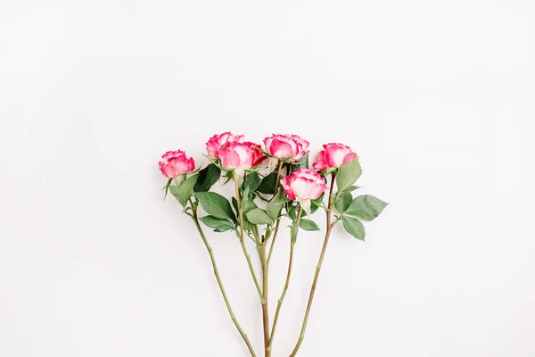 Red Rose Flowers Branch White Background Flat Lay Top View — Stock Photo, Image