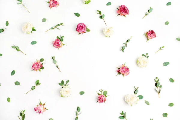 Квітковий Рамковий Вінок Трояндових Квітів Гілок Евкаліпта Білому Тлі Плоска — стокове фото