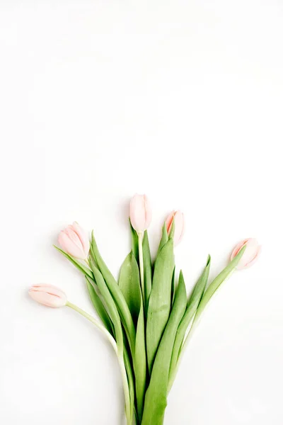 Pastell Rosa Tulpan Blommor Bukett Vit Bakgrund Platt Lekmanna Top — Stockfoto