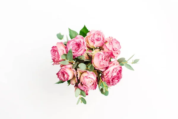 Roze Roos Bloemen Boeket Witte Achtergrond Plat Lag Top Uitzicht — Stockfoto