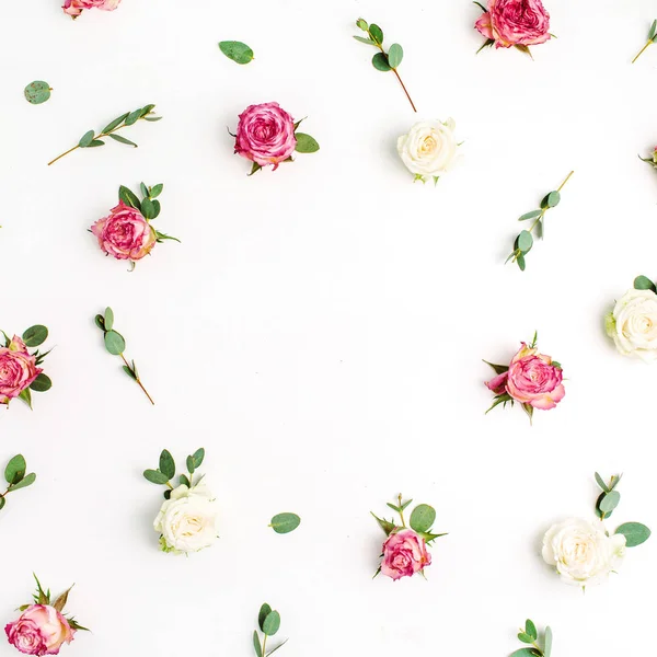 Цветочные Рамки Красно Белых Розовых Цветов Эвкалиптовых Ветвей Белом Фоне — стоковое фото