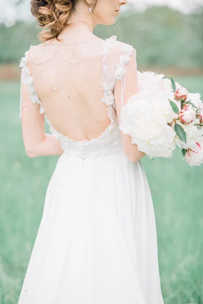 Young Pretty Bride Holding Beauty Wedding Bouquet Pink White Peony — Stock Photo, Image