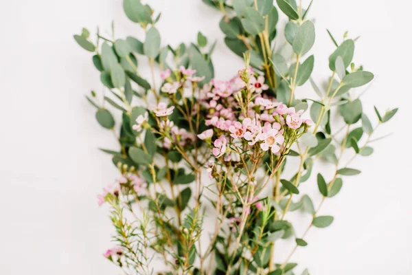 Eucalyptus and wildflower branches. Minimal flowers background.