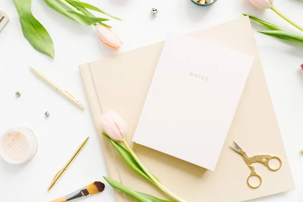 Feminine Home Office Desk Workspace Notebook Pink Tulip Flowers Accessories — Stock Photo, Image