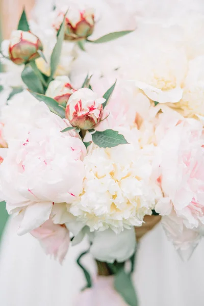 Buquê Casamento Beleza Flores Peônia Rosa Branca Nas Mãos Noiva — Fotografia de Stock
