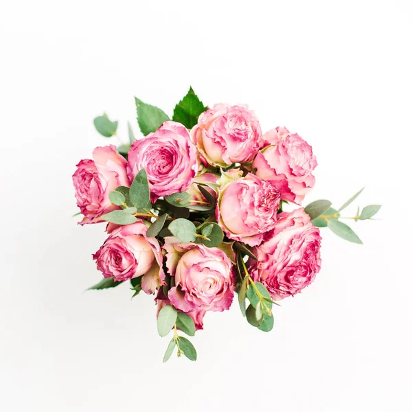 Roze Roos Bloemen Boeket Witte Achtergrond Plat Lag Top Uitzicht — Stockfoto